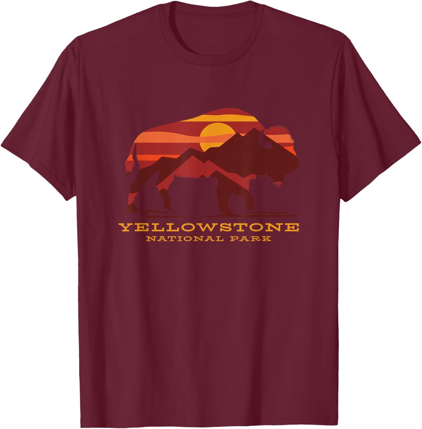 Yellowstone National Park Wyoming Buffalo Bison Sunset T-Shirt - T-Shirt | Maroon
