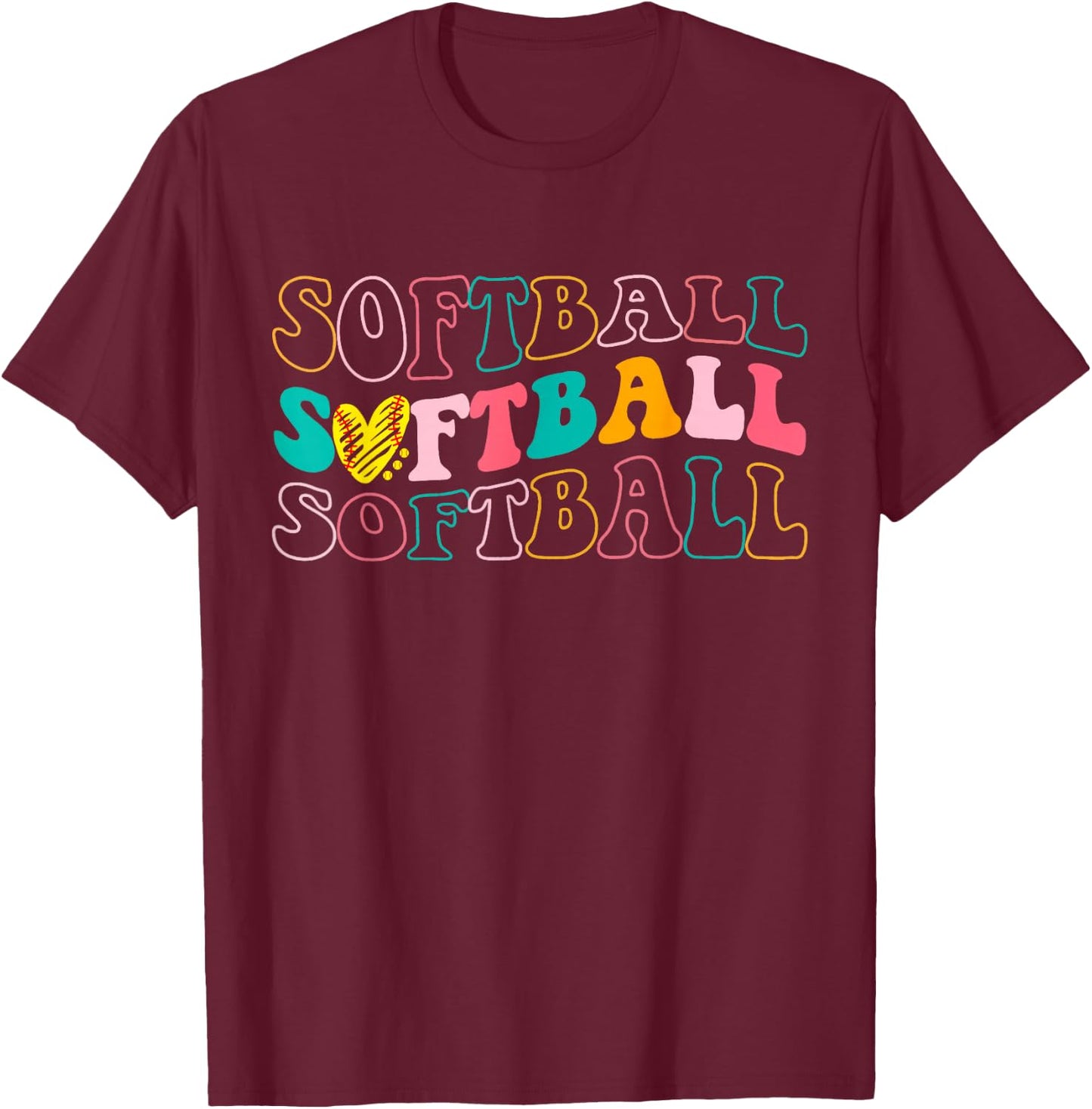 Groovy Love Heart Softball Player Funny Softball Baseball T-Shirt - T-Shirt | Maroon