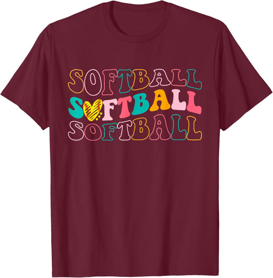 Groovy Love Heart Softball Player Funny Softball Baseball T-Shirt - T-Shirt | Maroon