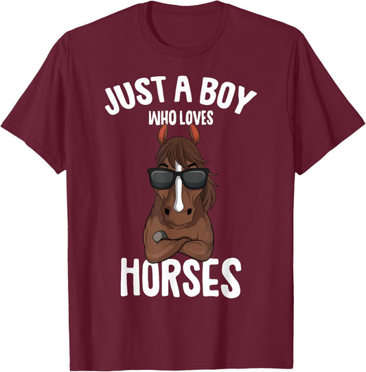 Just a Boy who loves Horses Equestrian Horseback Riding Kids T-Shirt - T-Shirt | Maroon