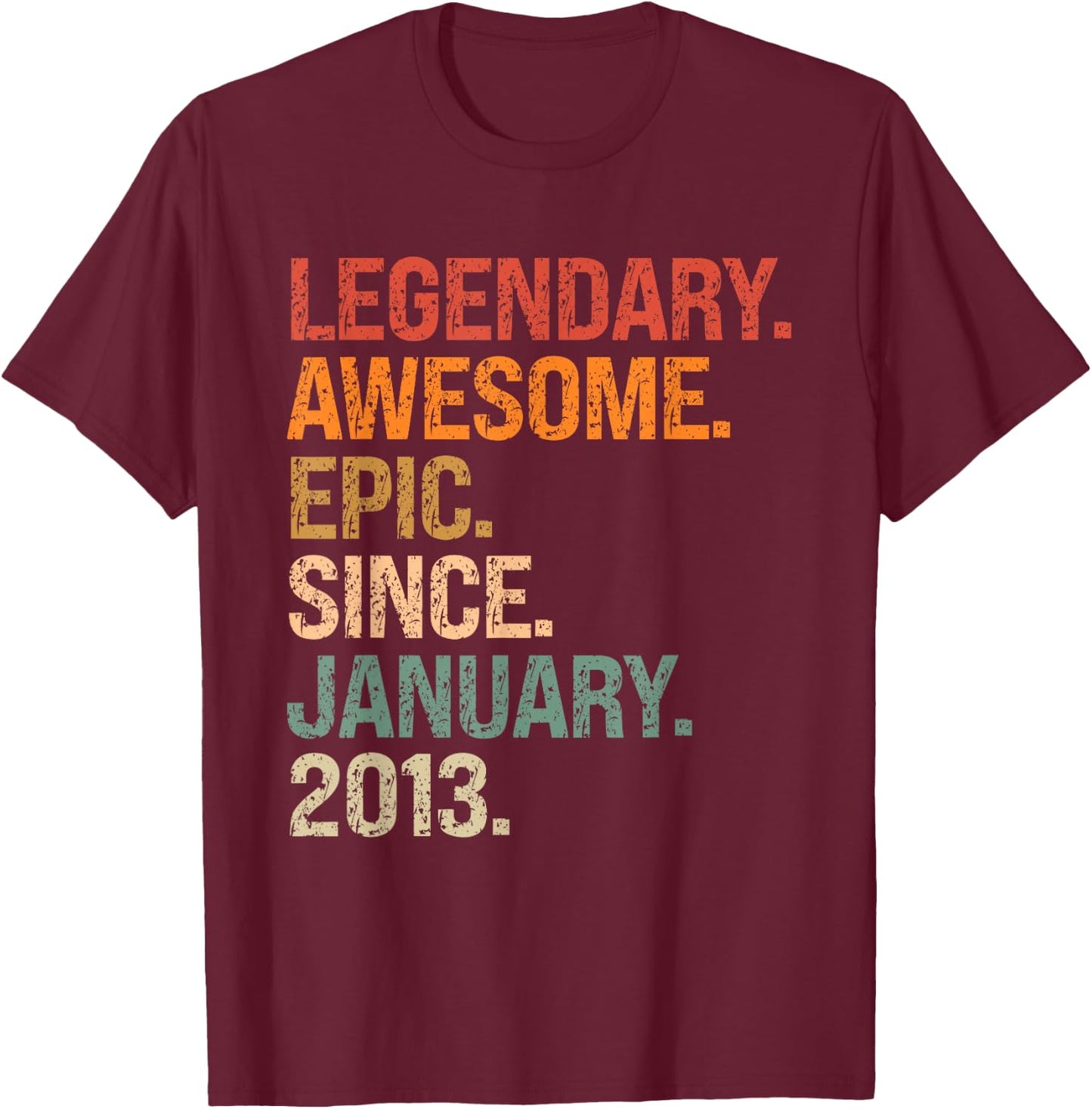 Legendary Awesome Epic Since January 2013 12th Birthday Gift T-Shirt - T-Shirt | Maroon