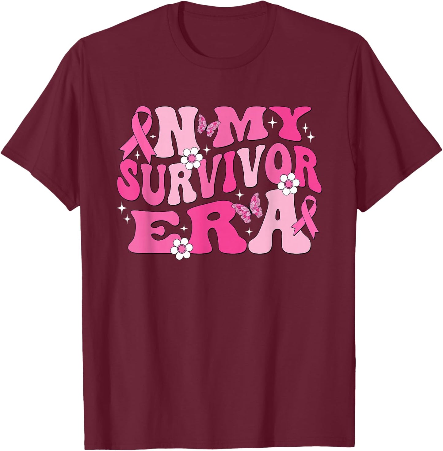 Groovy In My Survivor Era Pink Ribbon Breast Cancer T-Shirt - T-Shirt | Maroon