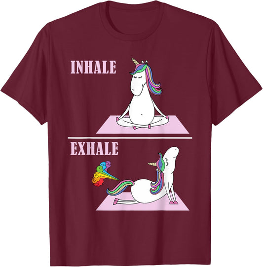 Unicorn Yoga Inhale Exhale Fart Funny T-Shirt - T-Shirt | Maroon