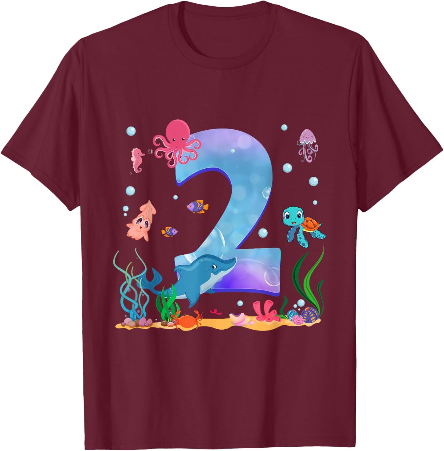2 Years Old Sea Fish Ocean Animal 2nd Birthday Boy Girl T-Shirt - T-Shirt | Maroon