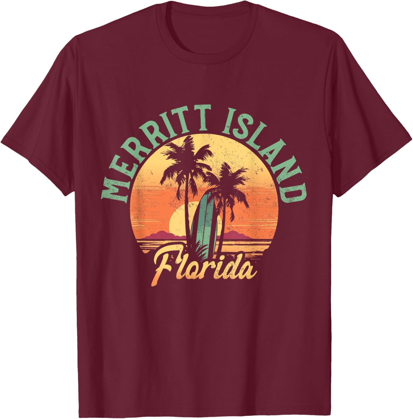 Merritt Island Florida Retro Surfer Vintage Beach T-Shirt - T-Shirt | Maroon