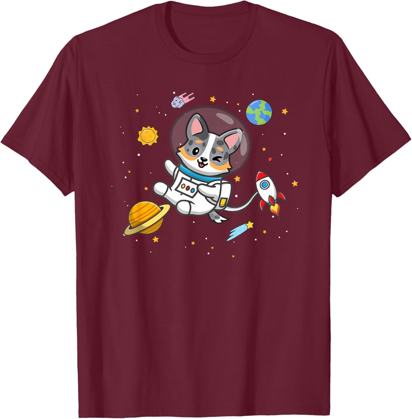 Funny Kawaii Kid Boys Space Astronaut Blue Merle Corgi Lover T-Shirt - T-Shirt | Maroon