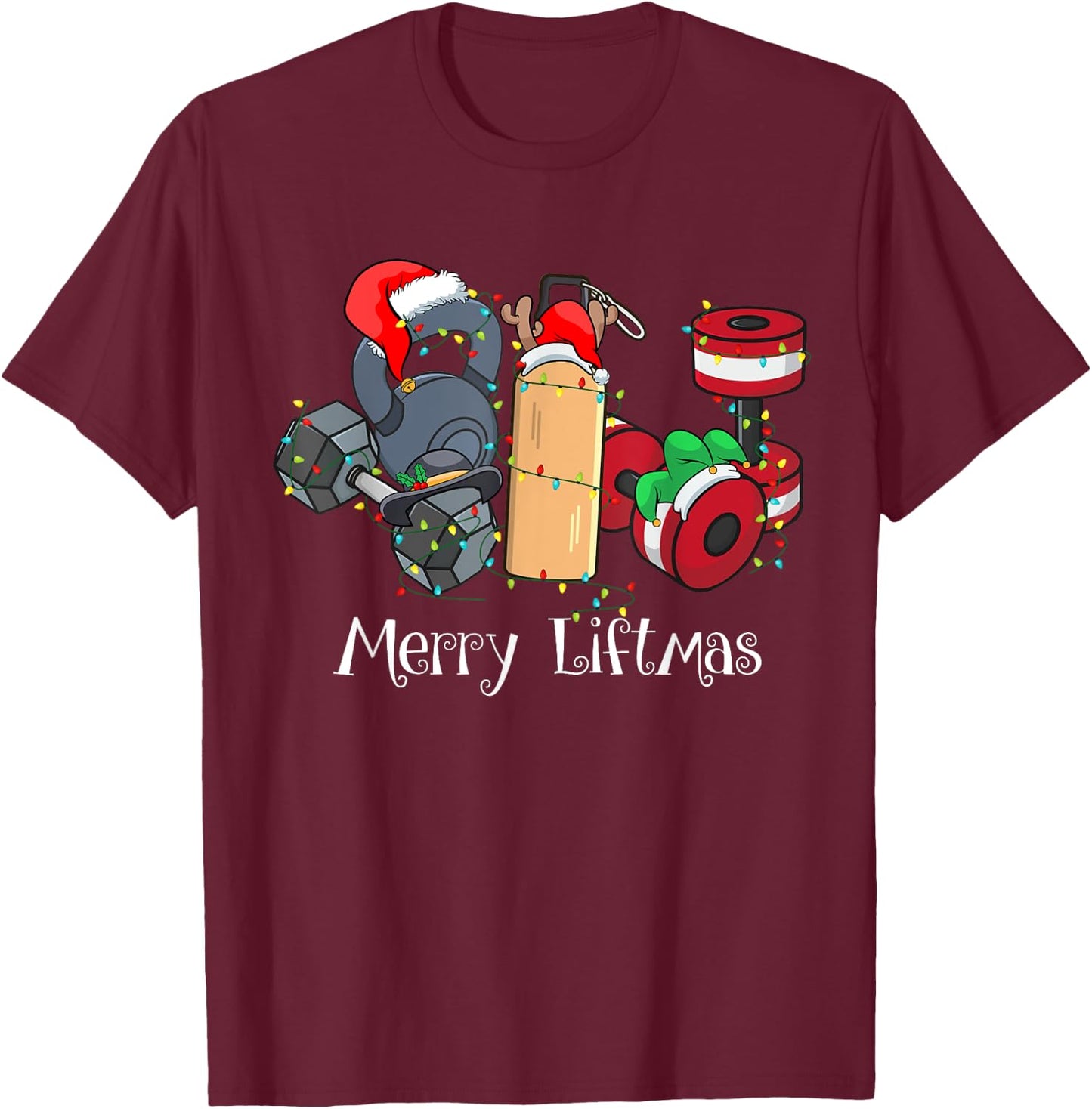 Merry Liftmas Christmas Gym Workout Kettlebell Weightlifting T-Shirt - T-Shirt | Maroon
