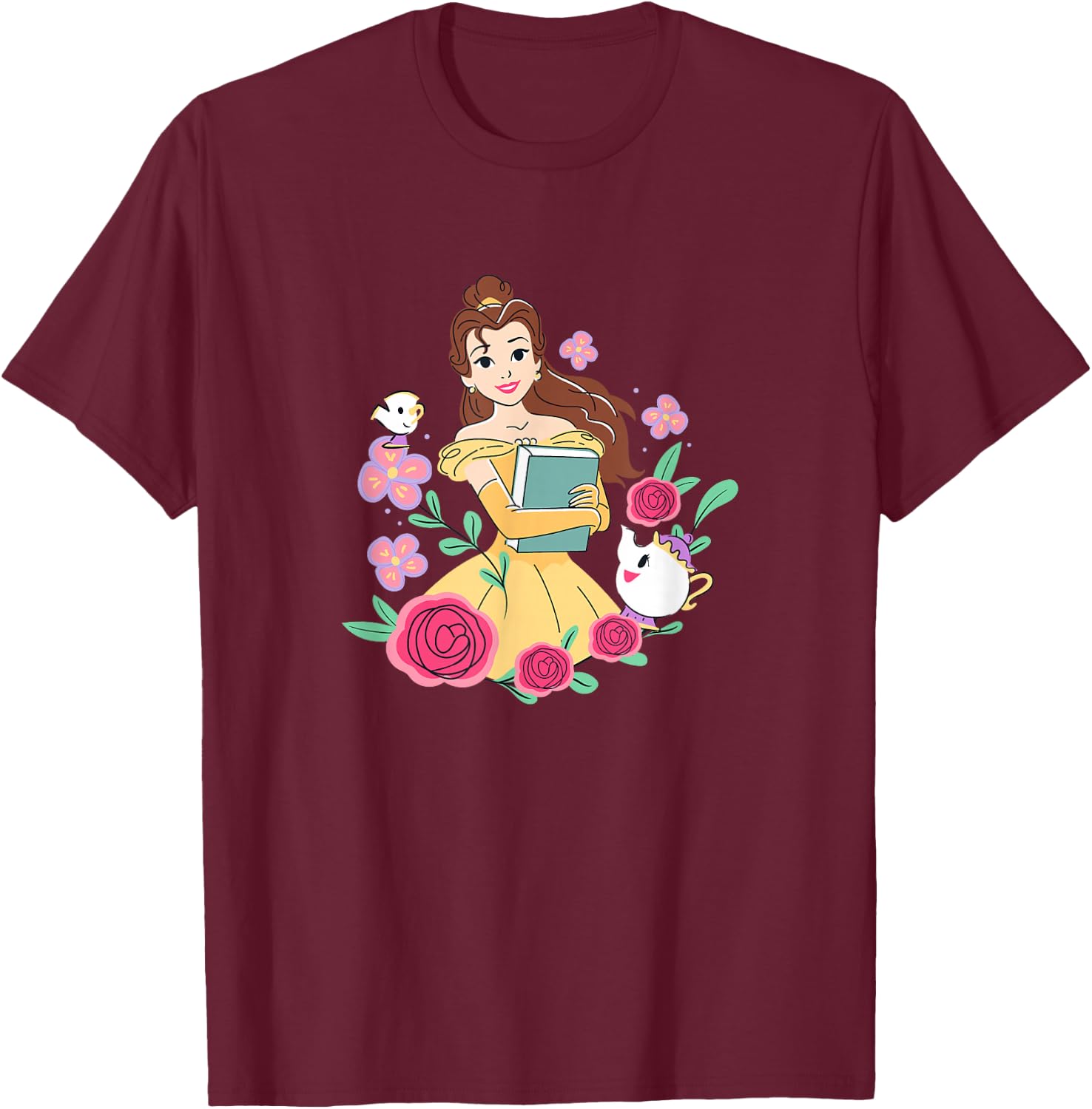 Disney Beauty and the Beast Belle & Book Fall Floral Roses T-Shirt - T-Shirt | Maroon