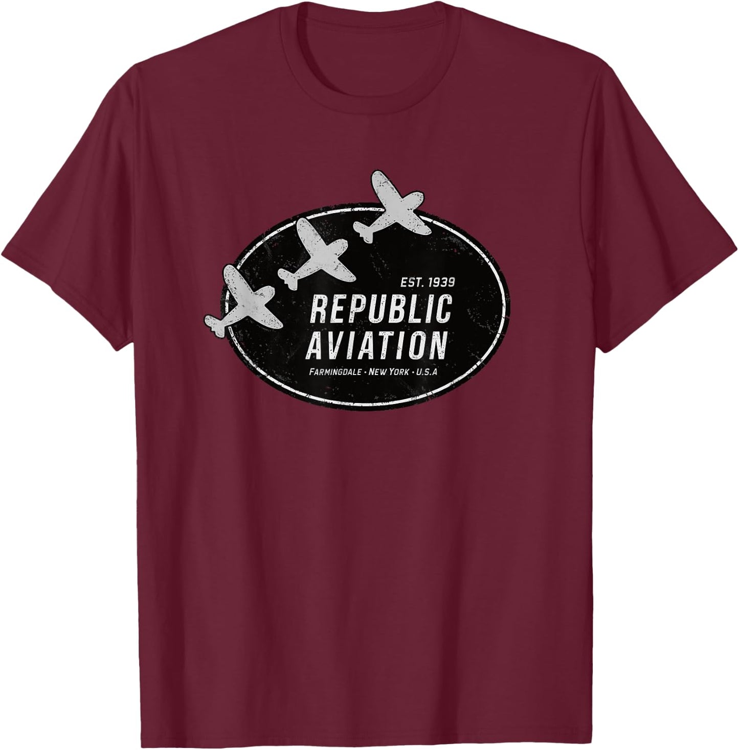 909 Apparel Republic Aviation Vintage 1940 Logo P-47 Thunderbolt WWII Grey -Adults Classic Fit Short Sleeve T-Shirt - T-Shirt | Maroon