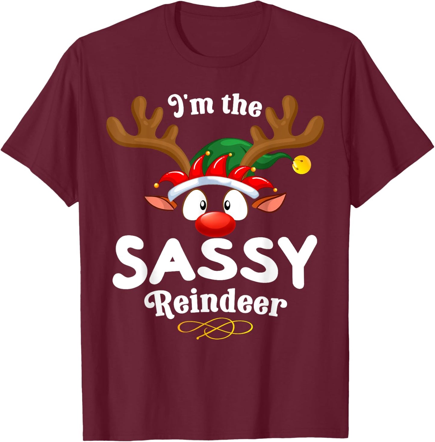 Christmas PJS Sassy XMas Reindeer Matching T-Shirt - T-Shirt | Maroon