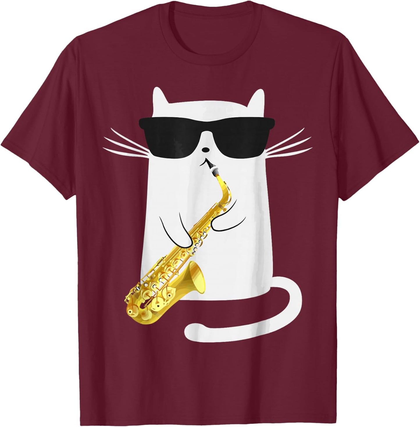 Funny Cat Playing Saxophone For Jazz Musician Saxophonist T-Shirt - T-Shirt | Maroon