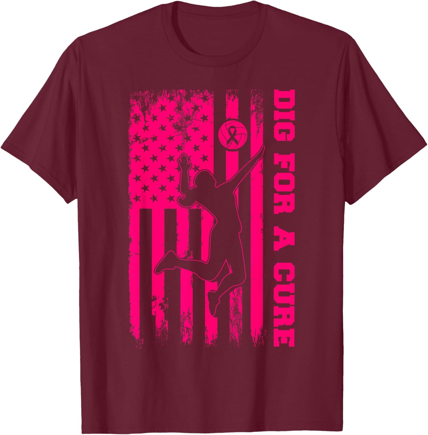 Dig For A Cure Breast Cancer Volleyball Pink American Flag Girls Kids Men T-Shirt - T-Shirt | Maroon