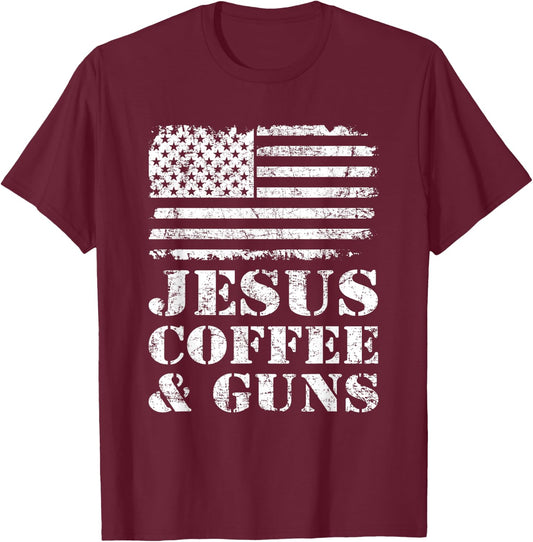 Jesus Coffee & Guns - Funny Christian Pro God & Gun USA Flag Men T-Shirt - T-Shirt | Maroon