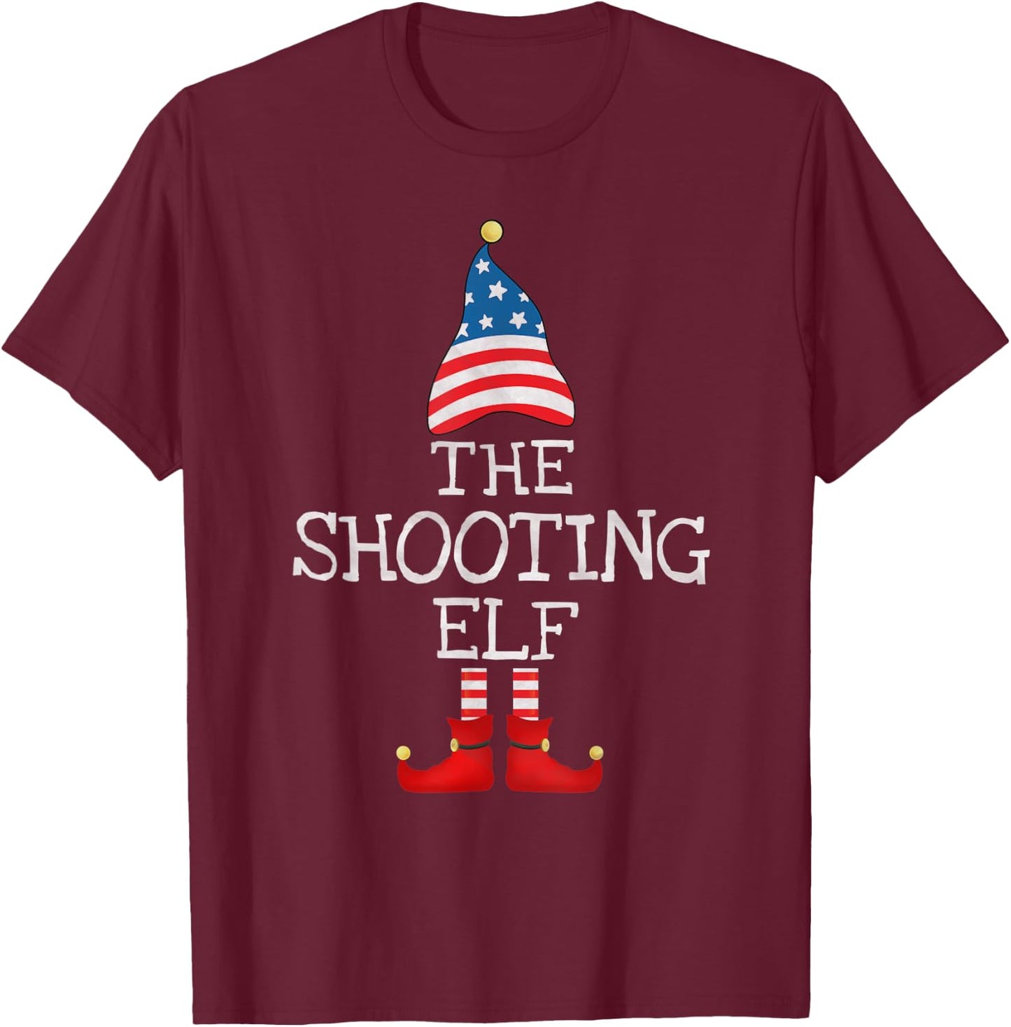 USA Flag Xmas The Shooting Elf Funny Matching Christmas Elf T-Shirt - T-Shirt | Maroon