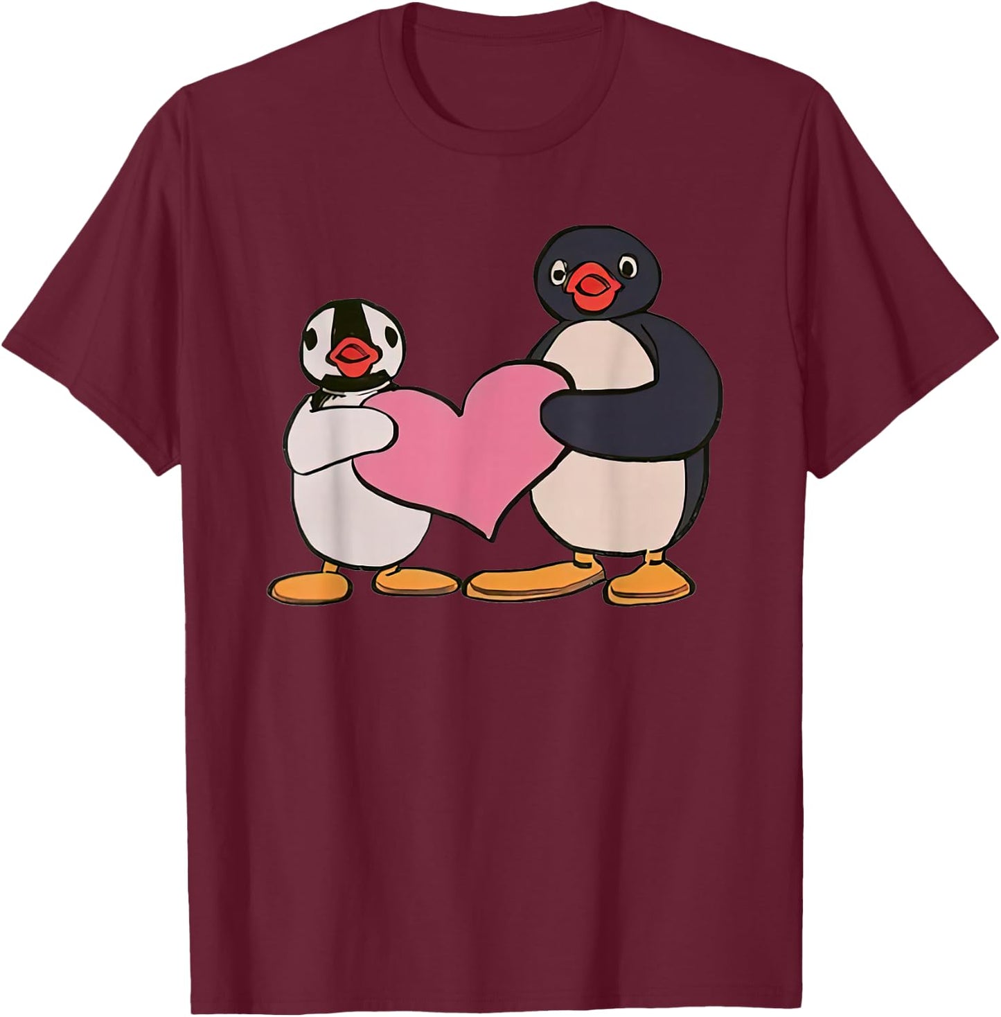 Cute Pingu And Pinga Penguin Holding Heart T-Shirt - T-Shirt | Maroon