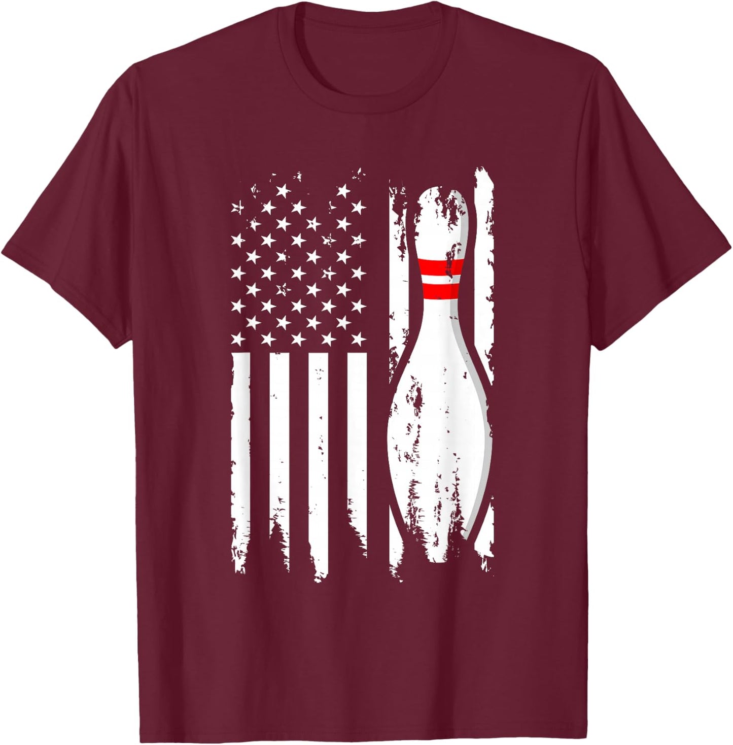 Bowling American Flag Stripes Patriot Men Women Bowler Pin T-Shirt - T-Shirt | Maroon
