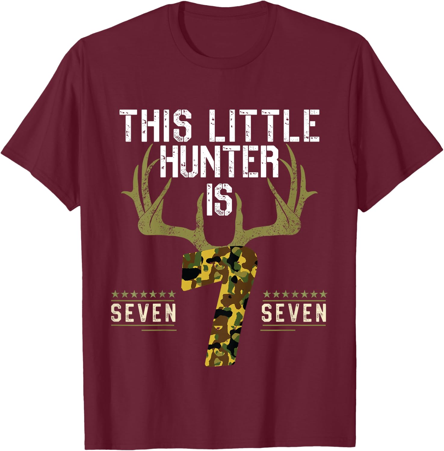 Kids 7th Birthday Funny Deer Hunter Seven Years Old Boy Hunting T-Shirt - T-Shirt | Maroon
