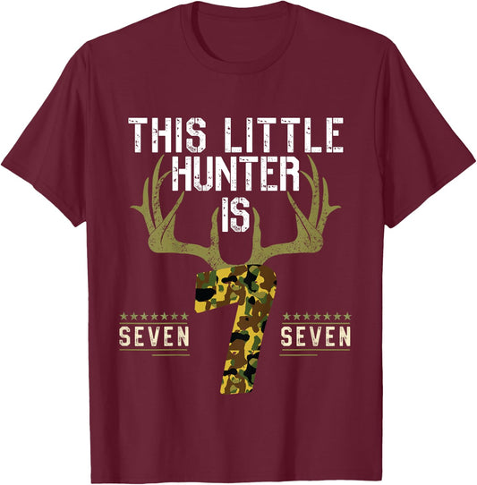 Kids 7th Birthday Funny Deer Hunter Seven Years Old Boy Hunting T-Shirt - T-Shirt | Maroon