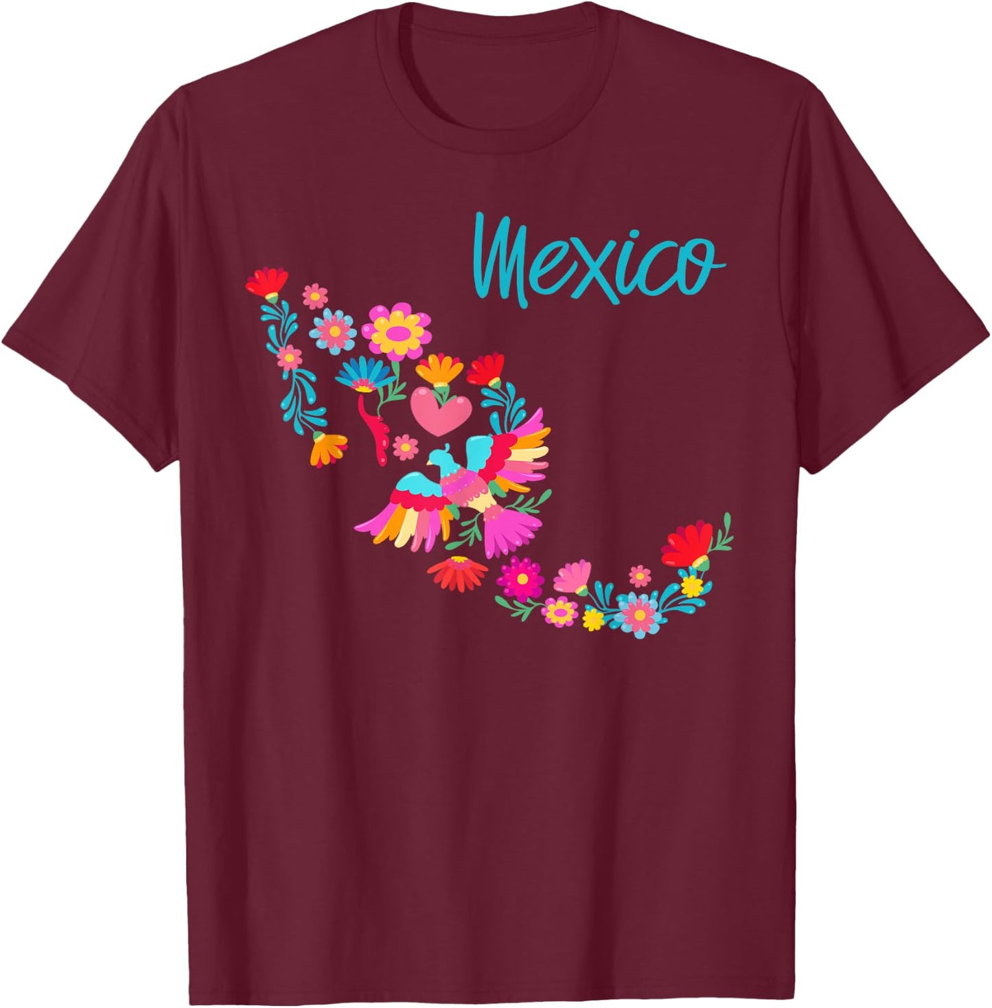 Mexico Map Floral Otomi Mexican Flowers Art Colourful Bright T-Shirt - T-Shirt | Maroon