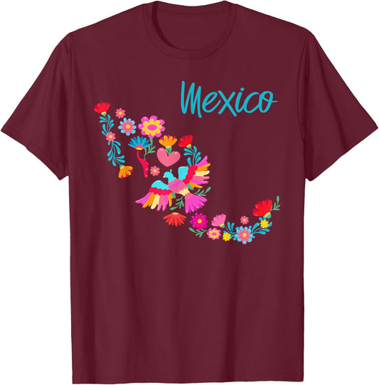 Mexico Map Floral Otomi Mexican Flowers Art Colourful Bright T-Shirt - T-Shirt | Maroon