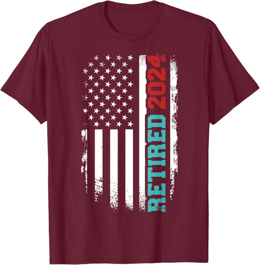 Retired 2024 us american flag for retirement and pensioner T-Shirt - T-Shirt | Maroon