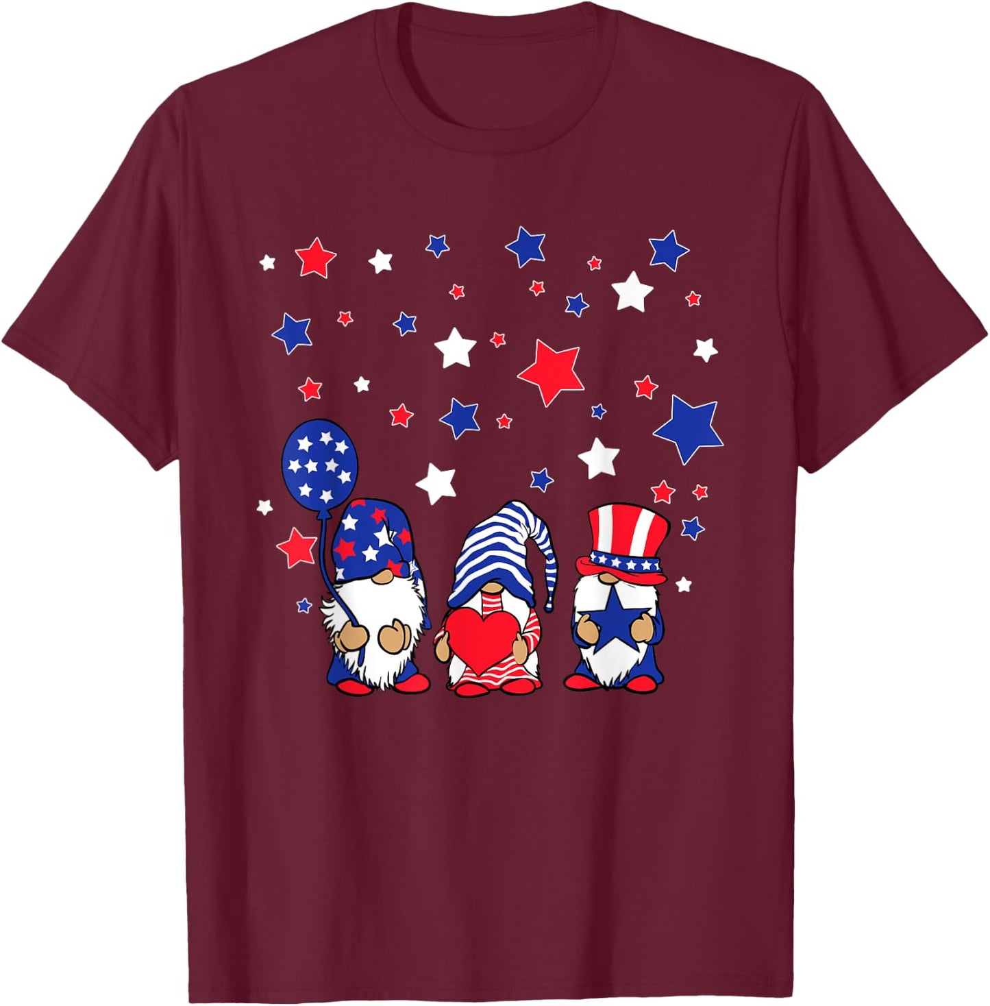 Three Gnomes 4th Of July Red White and Blue Women Men T-Shirt - T-Shirt | Maroon