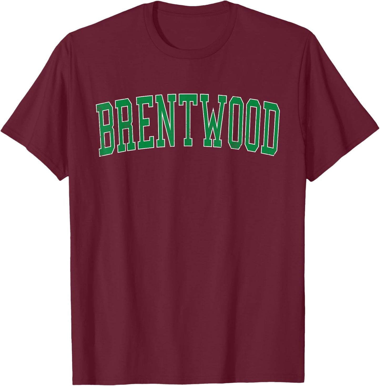 Vintage Brentwood NY Distressed Green Varsity Style T-Shirt - T-Shirt | Maroon