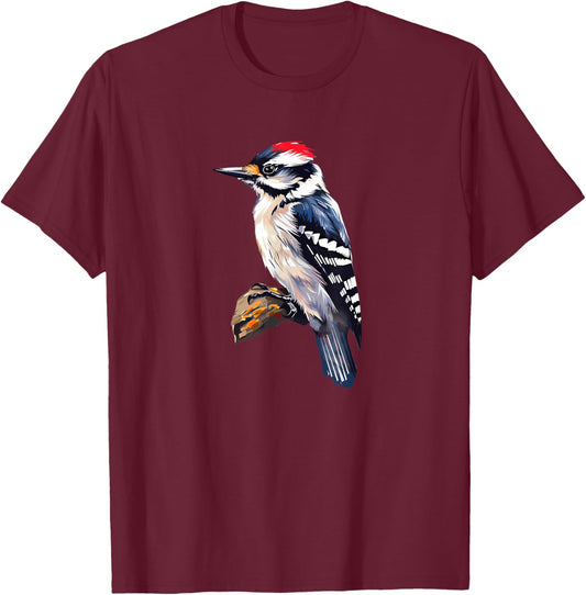 Backyard Bird Watching Watcher Downy Woodpecker Birder T-Shirt - T-Shirt | Maroon