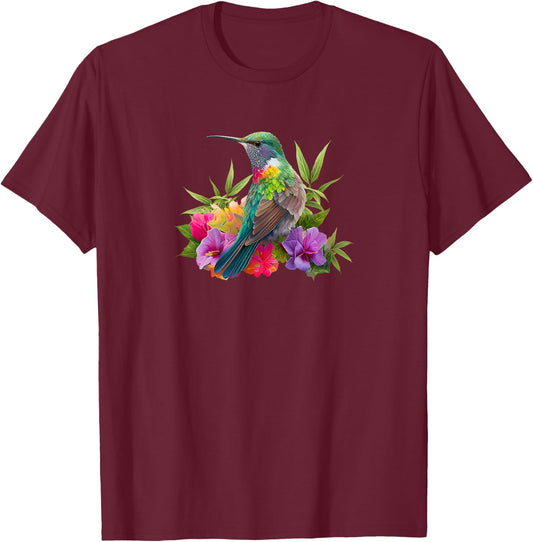 Backyard Bird Watchers Birder Birding Flowers Hummingbird T-Shirt - T-Shirt | Maroon