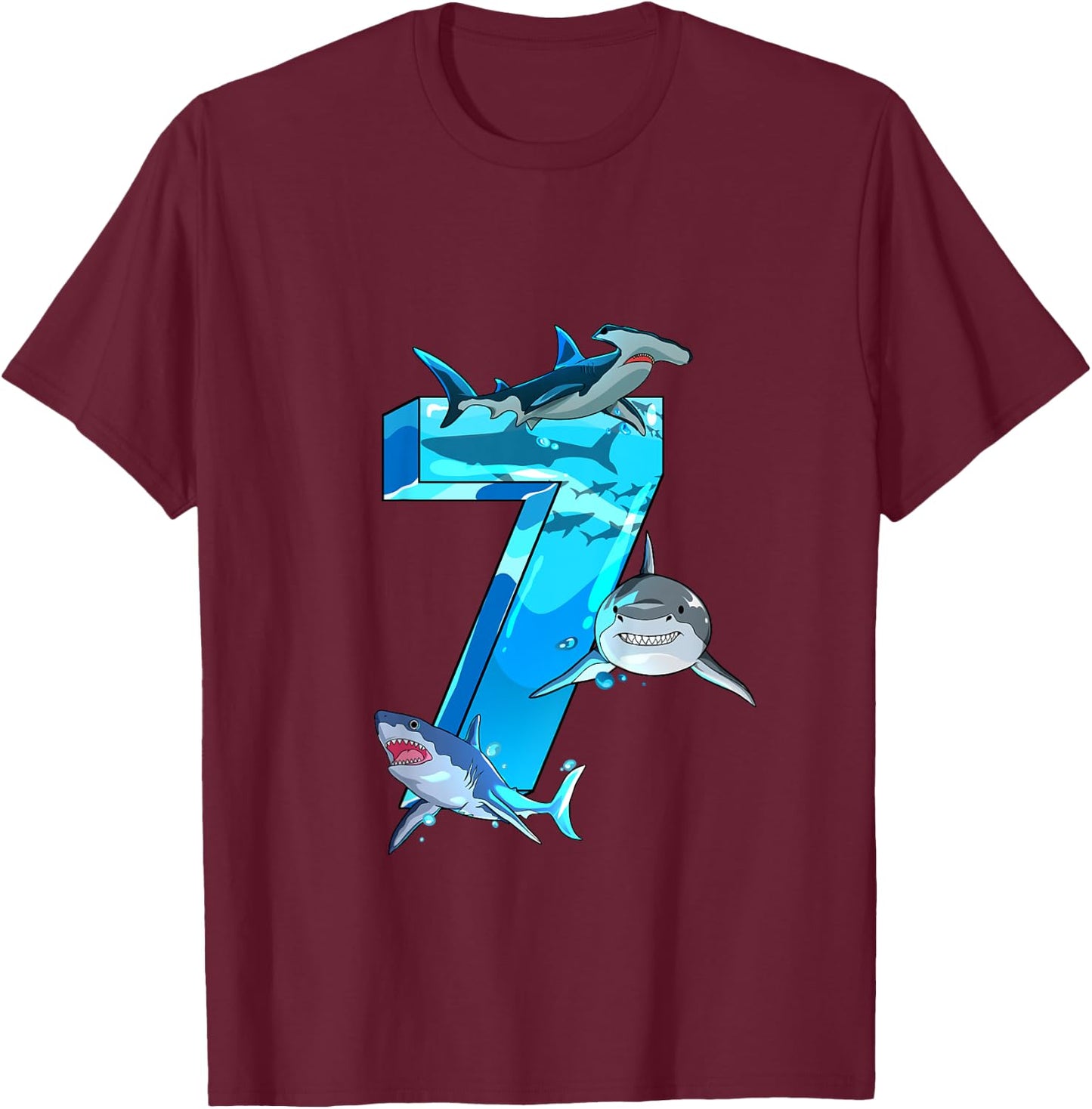 Kids Shark Boy 7 Years Birthday Child Children Birthday T-Shirt - T-Shirt | Maroon