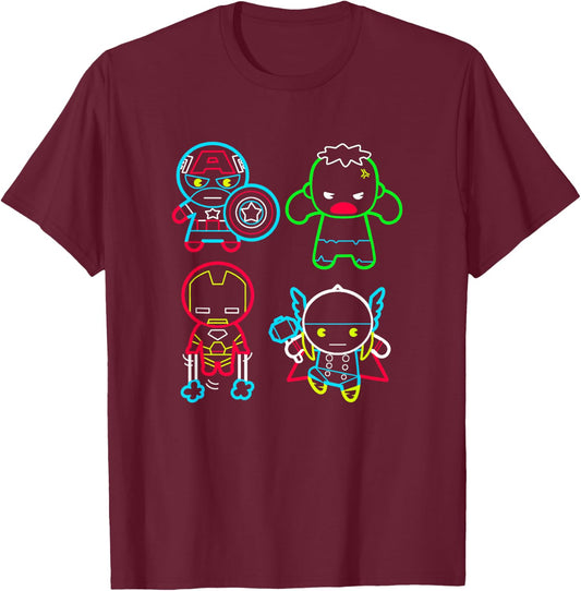 Marvel Kawaii Cute Avengers Neon Outline Group Shot T-Shirt - T-Shirt | Maroon