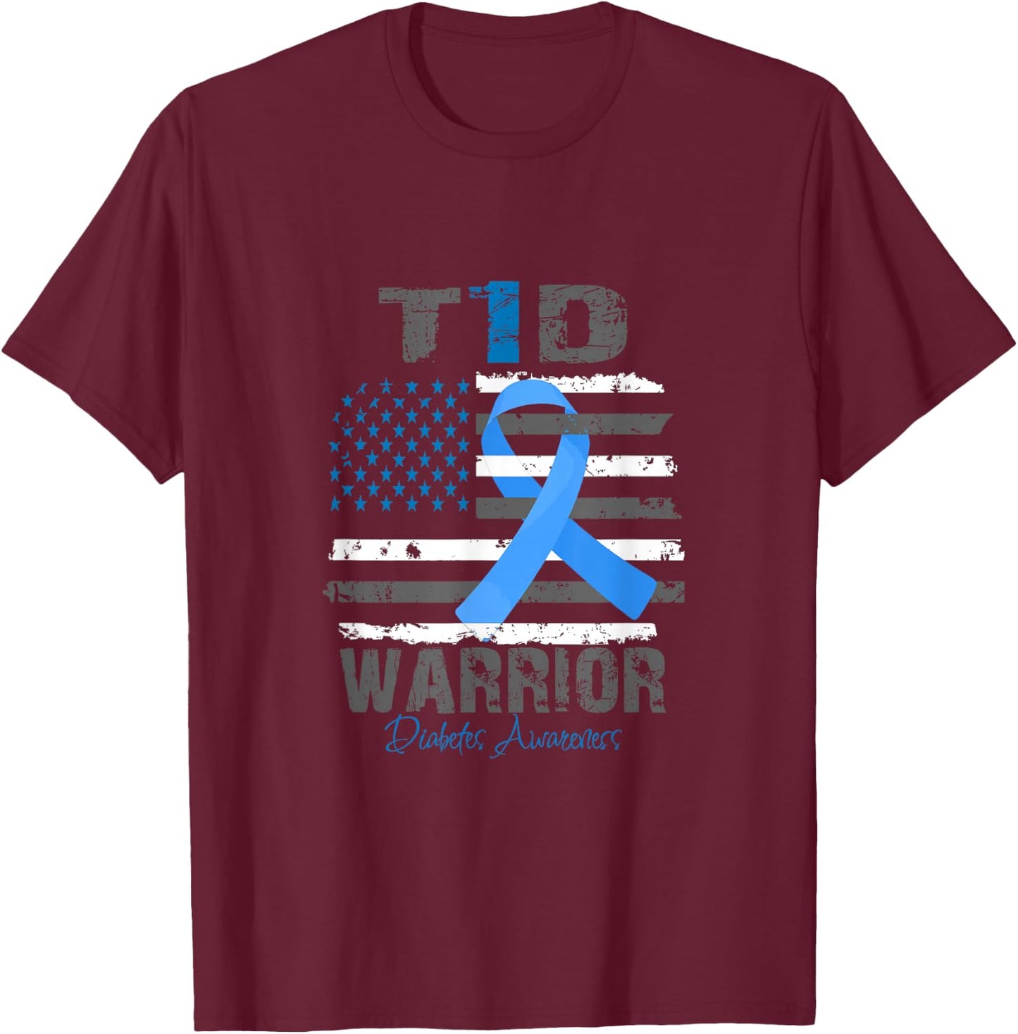 World Diabetes Awareness Blue Ribbon T1D Warrior Type 1 T-Shirt - T-Shirt | Maroon
