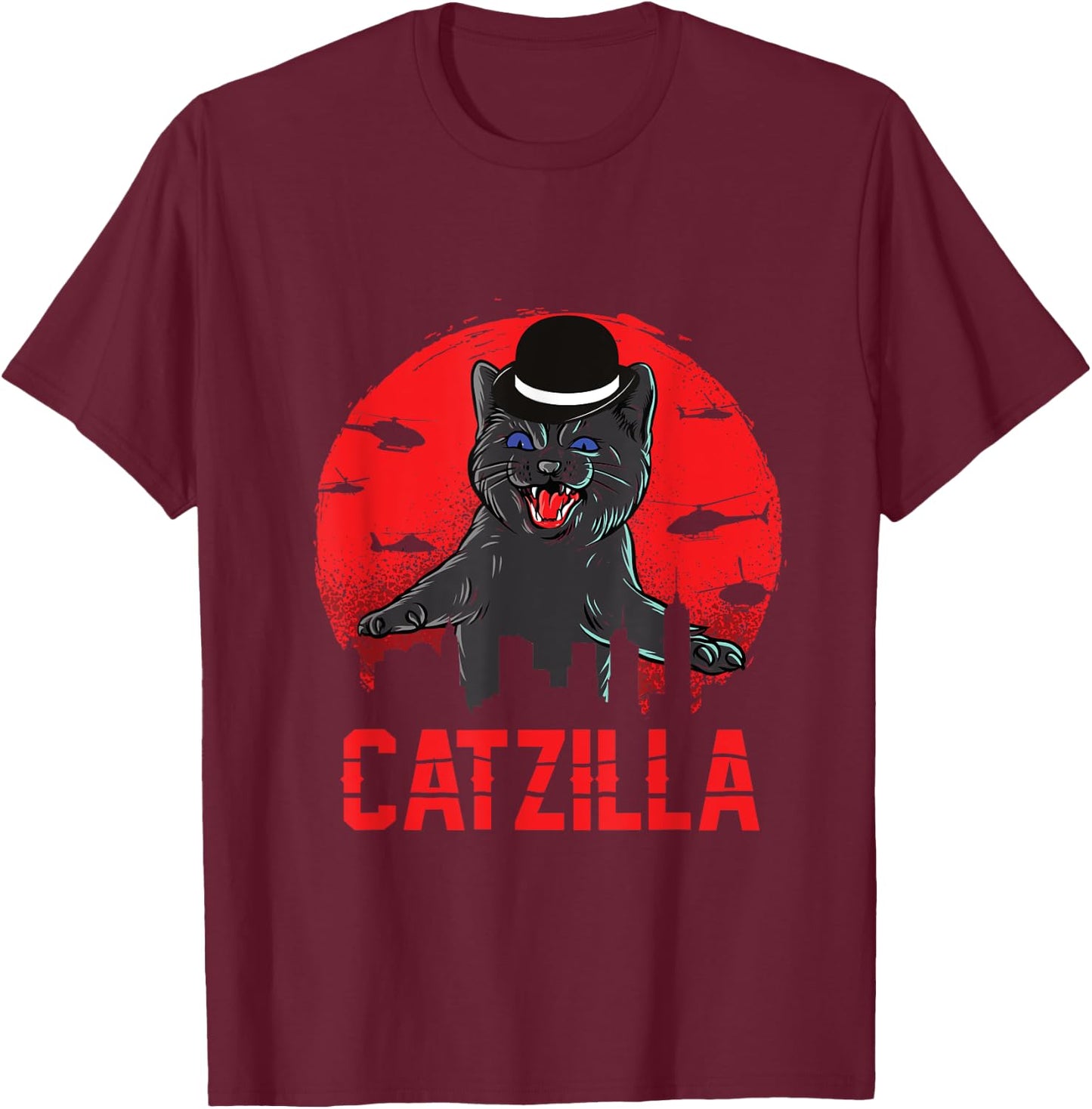 Catzilla with Bowler Hat Funny Cat and Kitten Lover Men Women Kids T-Shirt - T-Shirt | Maroon