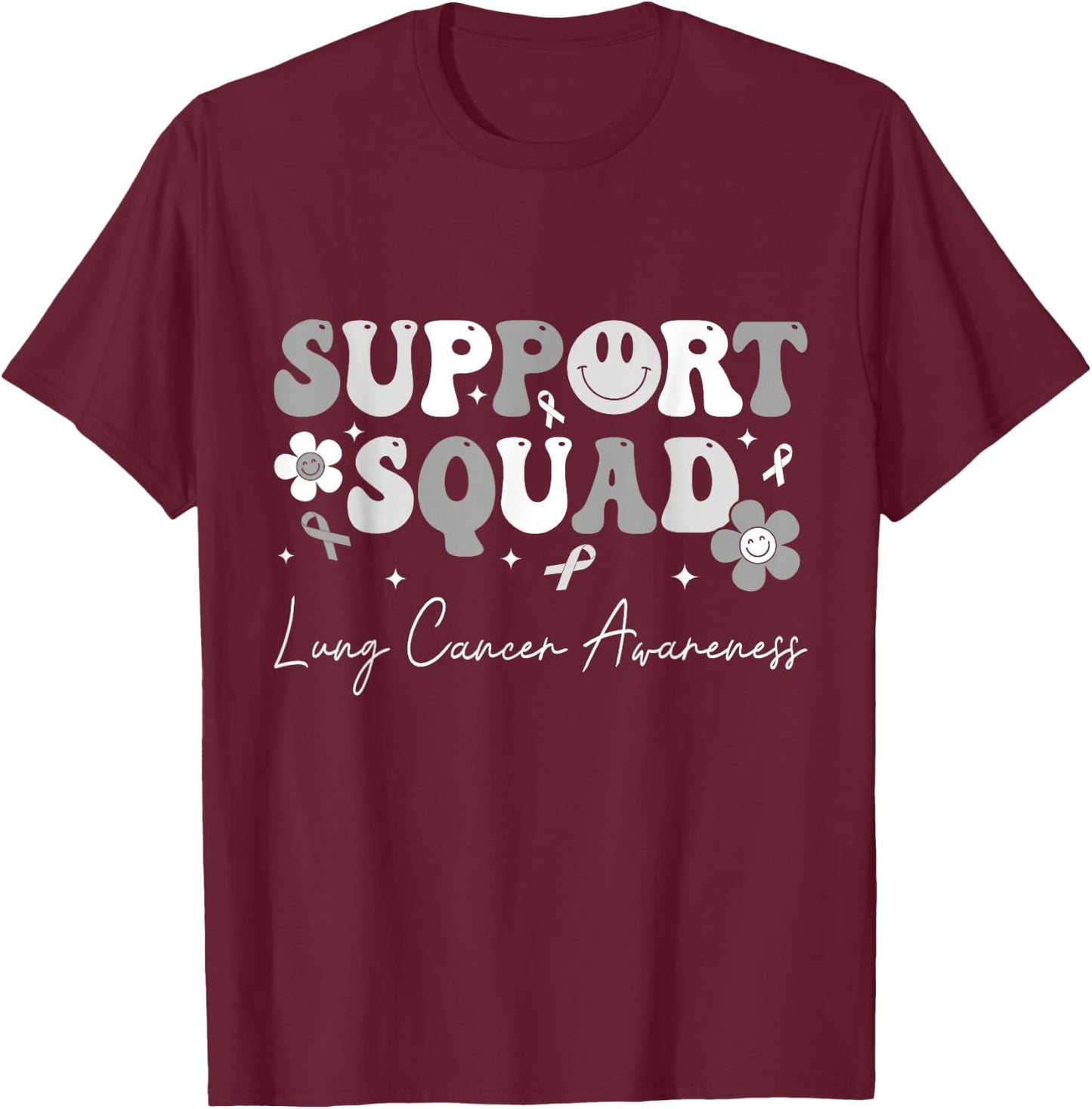 Groovy Support Squad Lung Cancer Awareness White Ribbon T-Shirt - T-Shirt | Maroon