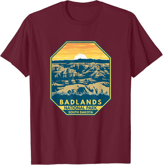 Badlands National Park Sunset Retro Emblem Vintage T-Shirt - T-Shirt | Maroon