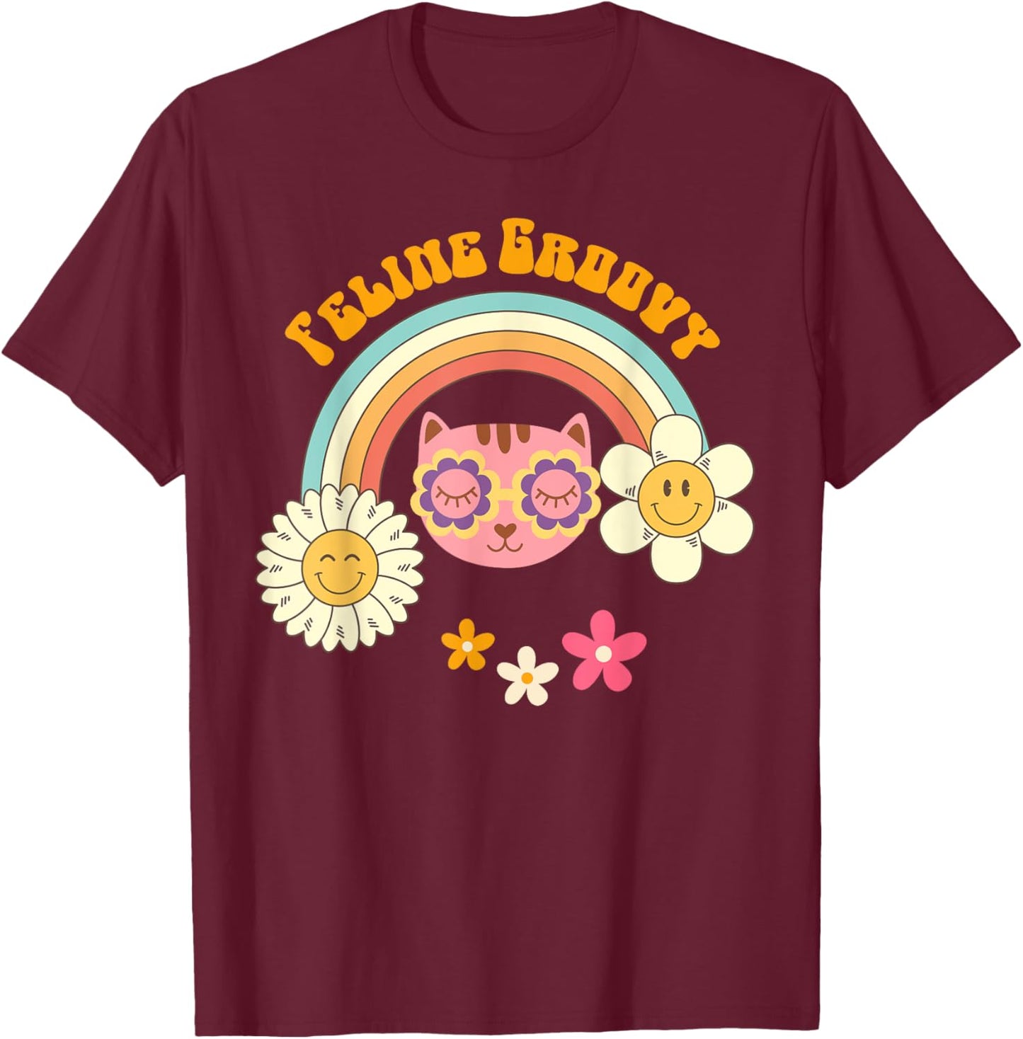 Retro Cat 70's Style: Feline Groovy Rainbow Cat Mom Shirt Women T-Shirt - T-Shirt | Maroon