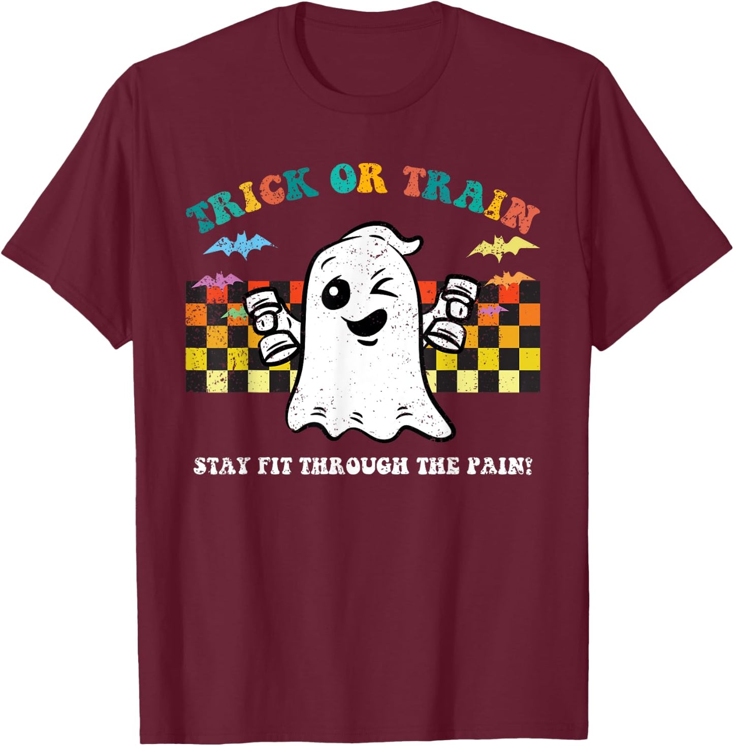 Trick Or Train Ghost Halloween Costume Fitnes Gym Workout T-Shirt - T-Shirt | Maroon