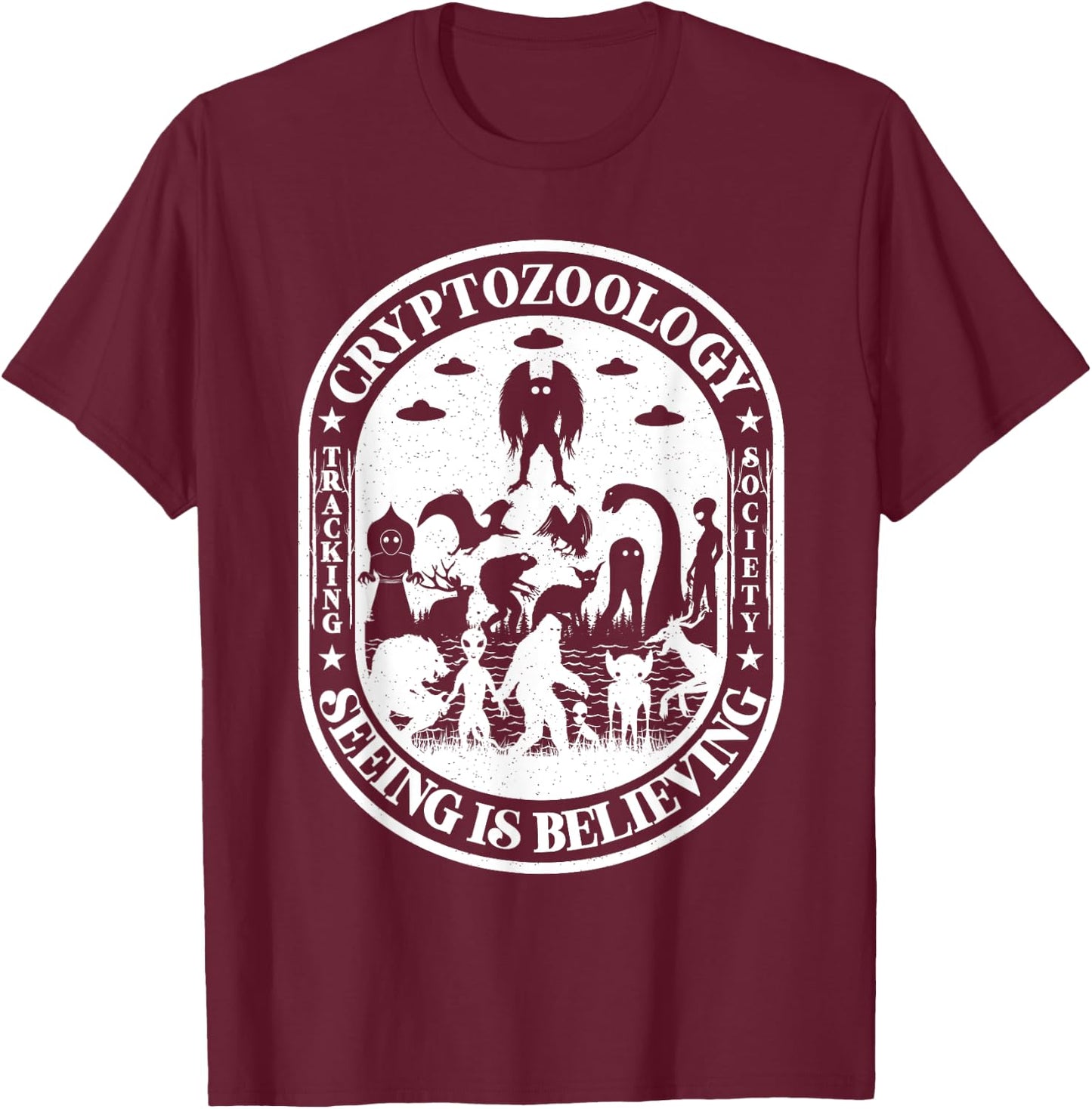 Bigfoot Nessie Mothman And Aliens Cryptid Team Cryptozoology T-Shirt - T-Shirt | Maroon