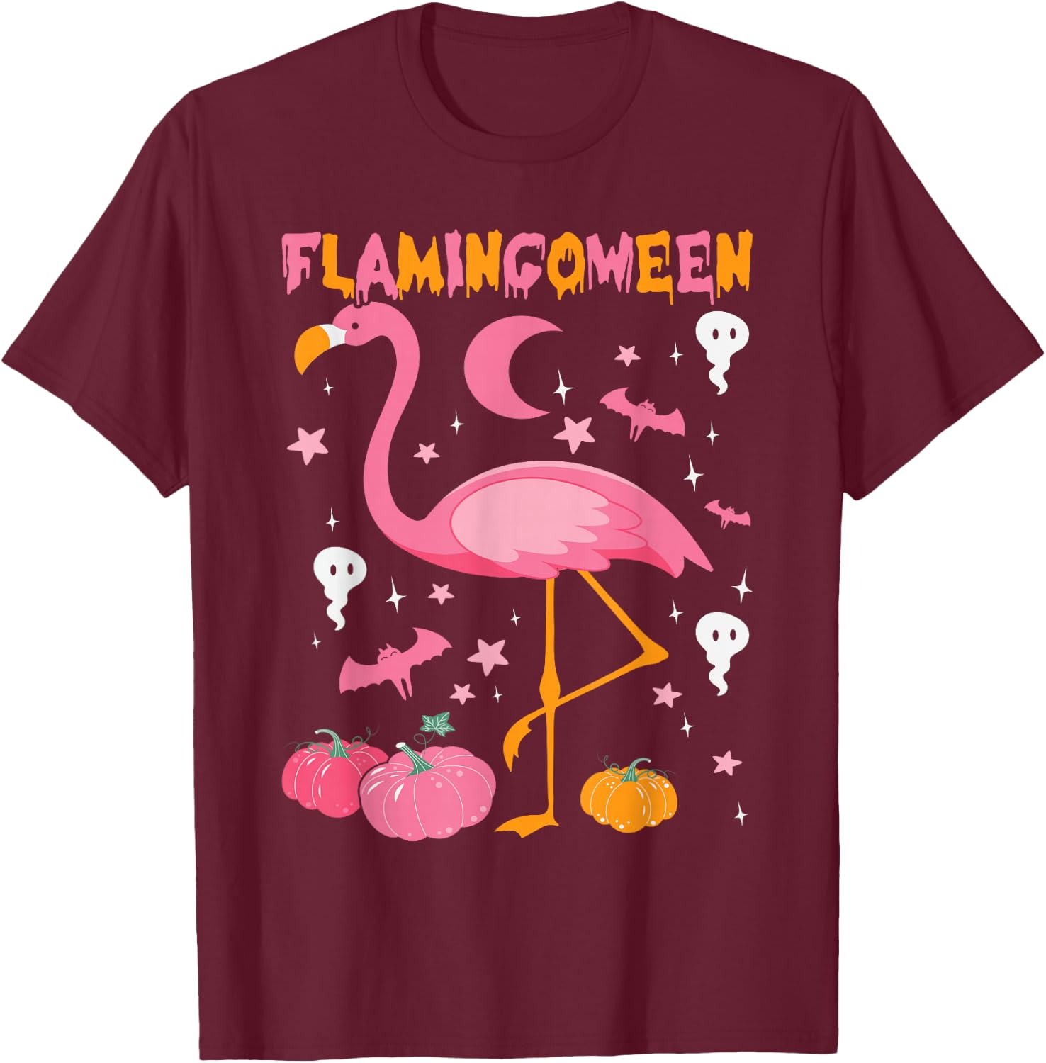Happy Flamingoween Pink Flamingo Halloween Skeleton Spooky T-Shirt - T-Shirt | Maroon