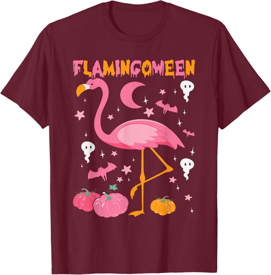 Happy Flamingoween Pink Flamingo Halloween Skeleton Spooky T-Shirt - T-Shirt | Maroon