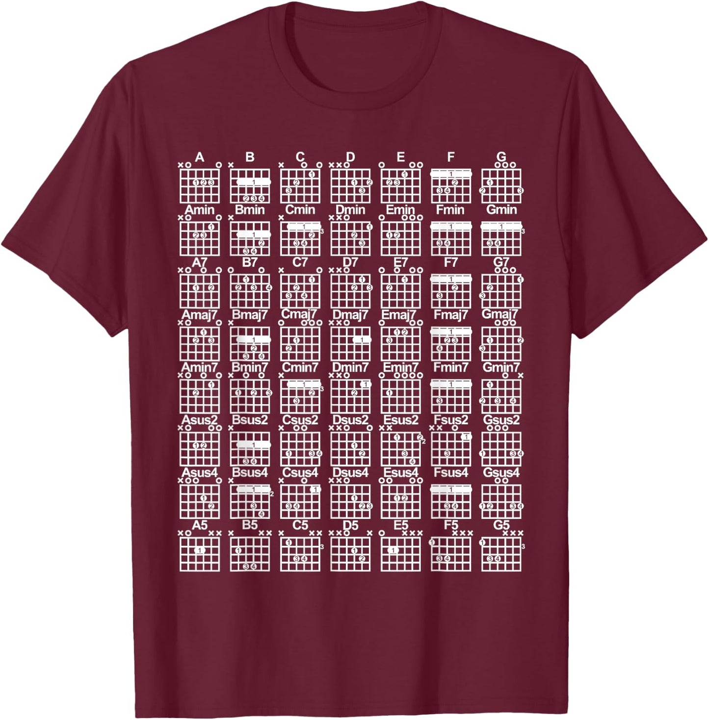 Guitar Chord Chart with Numbered Positions Barre Chord T-Shirt - T-Shirt | Maroon