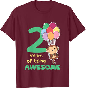 Monkey 2nd Birthday For Kids Two Year Old Monkey T-Shirt - T-Shirt | Maroon