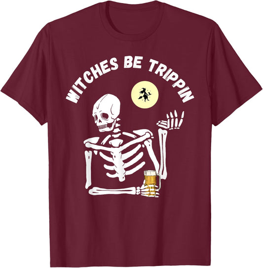 Witches Be Trippin Funny Halloween Skeleton and Witch Pun T-Shirt - T-Shirt | Maroon