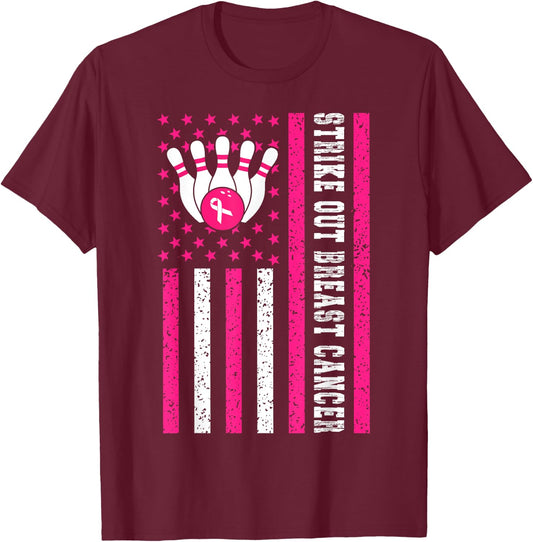Strike Out Bowling Ribbon USA Flag Breast Cancer Awareness T-Shirt - T-Shirt | Maroon