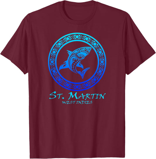 St. Martin, West Indies Vintage Tribal Shark Vacation T-Shirt - T-Shirt | Maroon