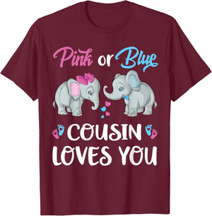 Pink Or Blue Cousin Loves You Elephants Gender Reveal Family T-Shirt - T-Shirt | Maroon