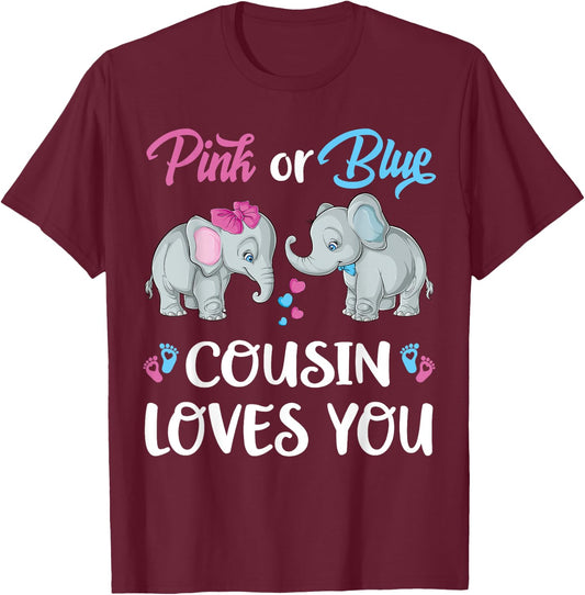 Pink Or Blue Cousin Loves You Elephants Gender Reveal Family T-Shirt - T-Shirt | Maroon