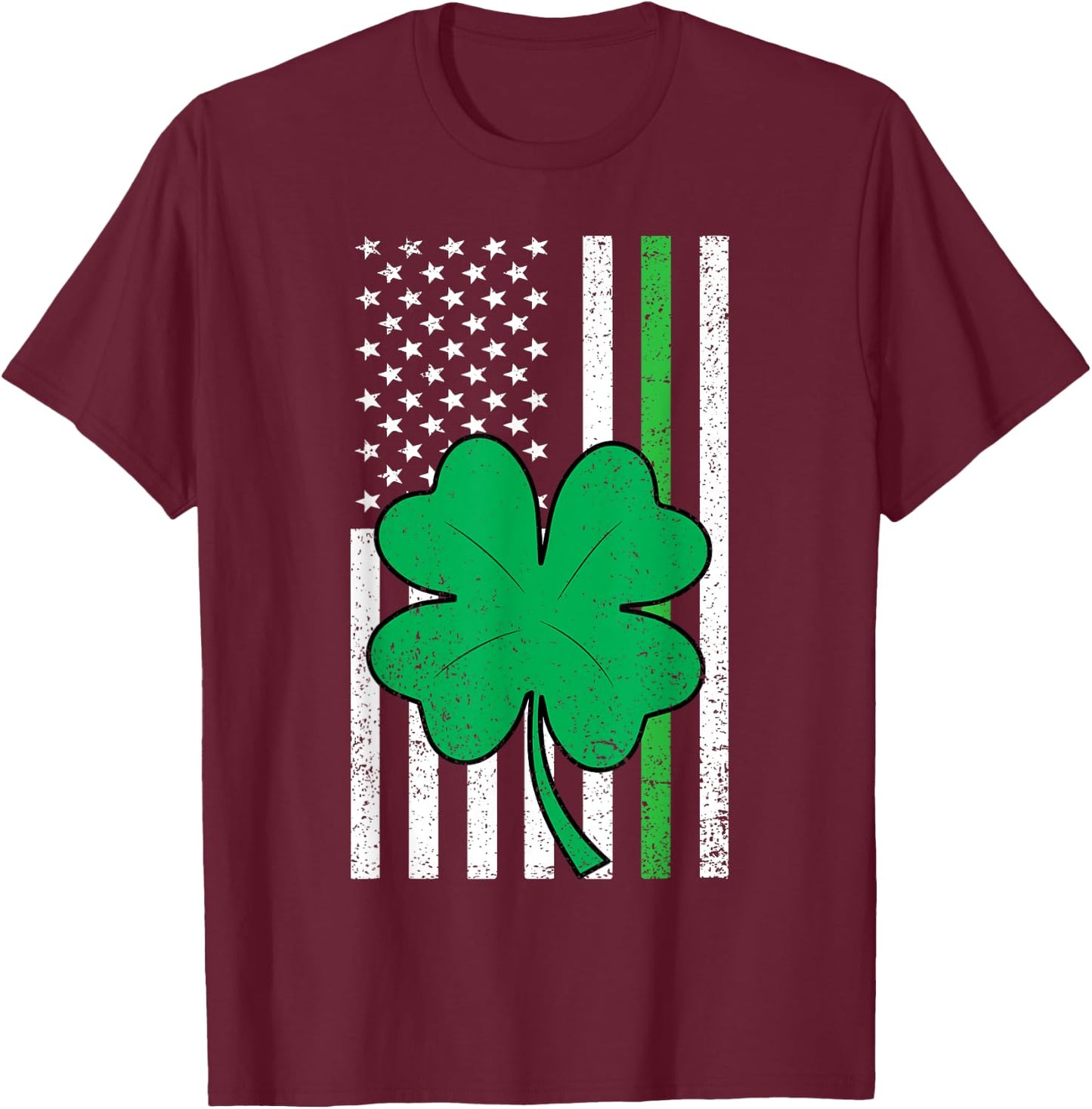 Shamrock American Flag Green Line St Patricks Day Military T-Shirt - T-Shirt | Maroon