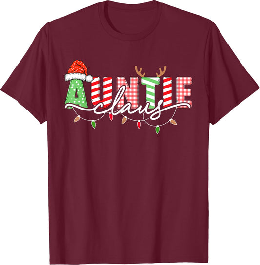 Auntie Claus Xmas Christmas Lights Pajama Family Matching T-Shirt - T-Shirt | Maroon