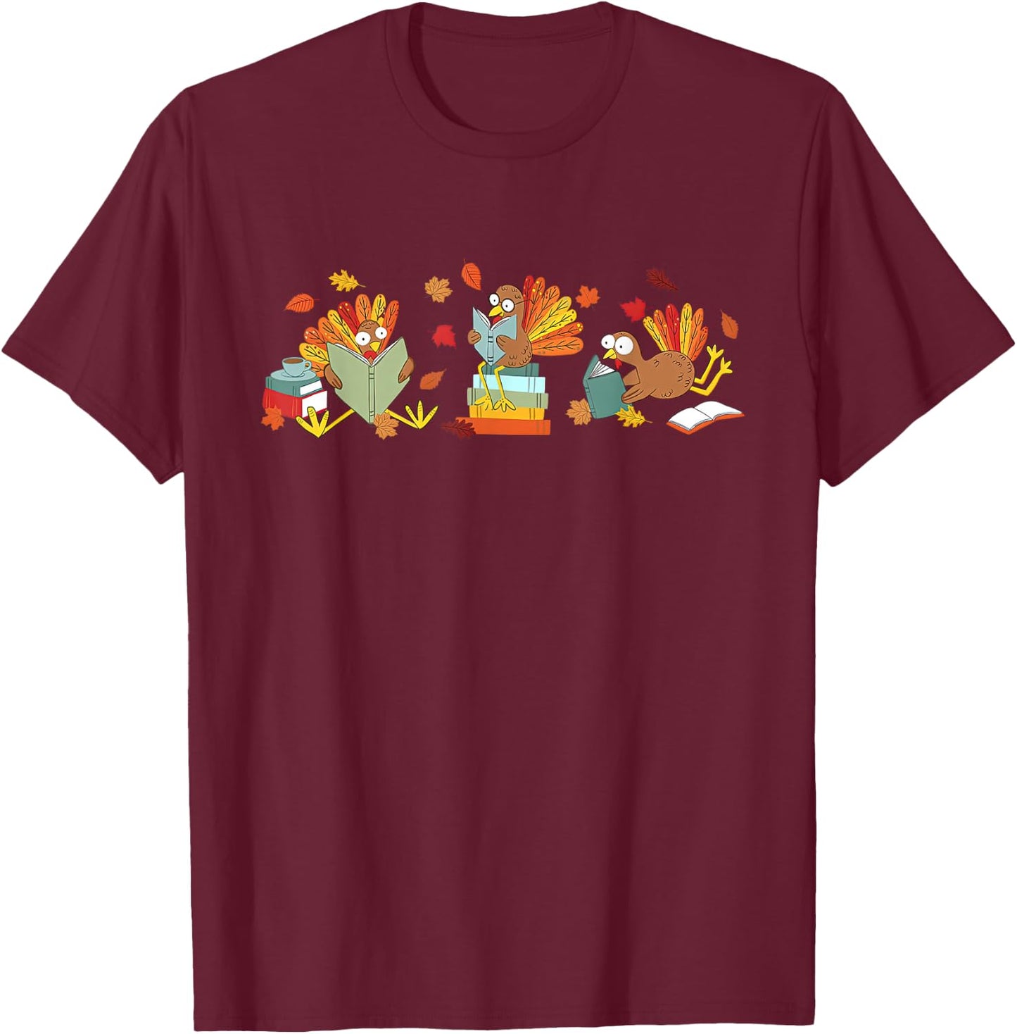 Turkey Reading Books Fall Thanksgiving Teacher Book Lovers T-Shirt - T-Shirt | Maroon